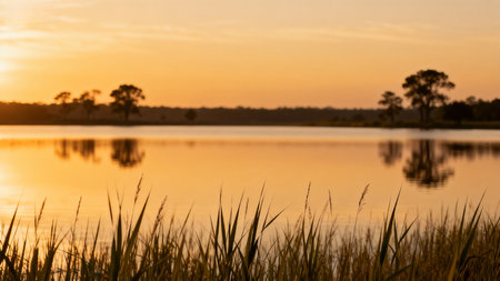 Sunset at the lake with trees and grass in the foreground.の素材