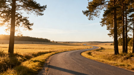 Country road in the field. Landscape with asphalt road and treesの素材