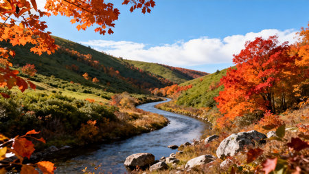 Beautiful autumn landscape with a mountain river and colorful trees in the mountainsの素材