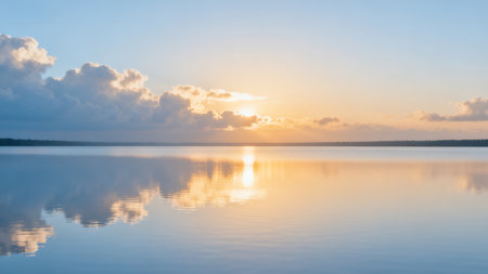 Beautiful sunset on the lake with reflection of clouds in the waterの素材