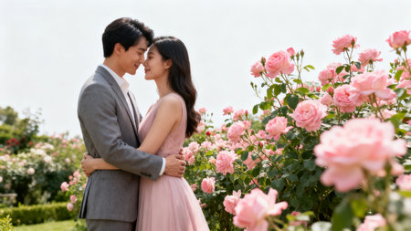 Young asian couple in love embracing and kissing in rose garden.の素材