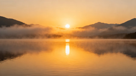 Sunrise on the mountain lake in the morning with fog and reflection.の素材
