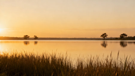 Sunset over the lake in Chobe National Park, Botswana, Africaの素材