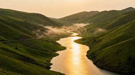 Sunset over the river in the mountains of the Altai Republicの素材