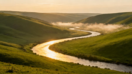 Sunset over a river flowing through a valley in the English countrysideの素材