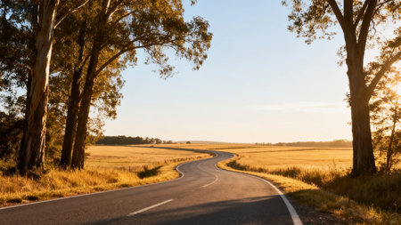 Country road in australia with trees and blue sky in backgroundの素材