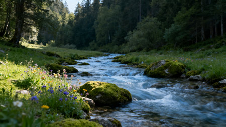 Mountain river in the forest. Beautiful summer landscape with wildflowers.の素材
