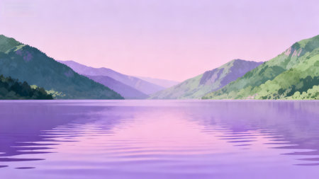 landscape with mountains and lake in purple tones. 3d renderingの素材