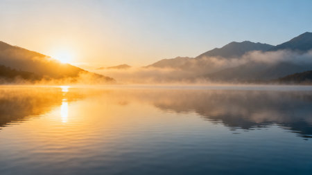 Sunrise on the lake in the morning with fog and mountains in backgroundの素材