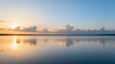 Beautiful sunset on the lake with clouds reflected in the water.の素材