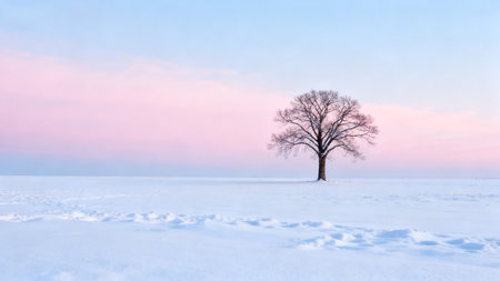 Winter landscape with lonely tree on the field covered with snow at sunsetの素材