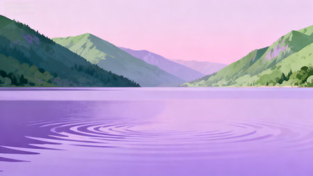 mountain and lake with reflection in water. 3d illustration.の素材