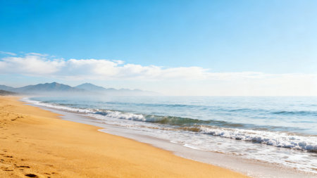 Beautiful sandy beach and sea on a background of mountains under blue skyの素材