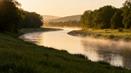 Morning fog over the river in the summer. Landscape with riverの素材