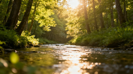 Beautiful river in the forest at sunset. Beautiful summer landscape.の素材