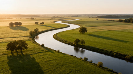 Aerial view of a small river flowing through the countryside at sunset.の素材