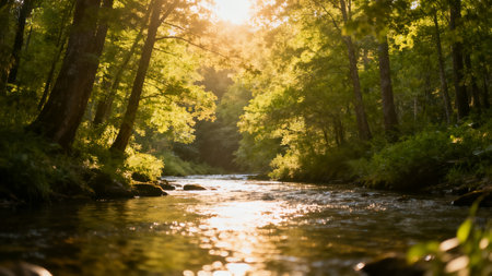 River in the forest at sunset. Beautiful natural landscape with river and treesの素材