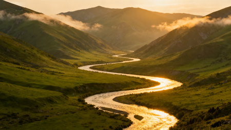 Landscape with a river in the mountains at sunset, Russia.の素材