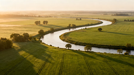 Aerial view of the river flowing through the fields at sunset.の素材