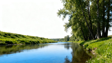 summer landscape with river and trees on a sunny day, Russiaの素材