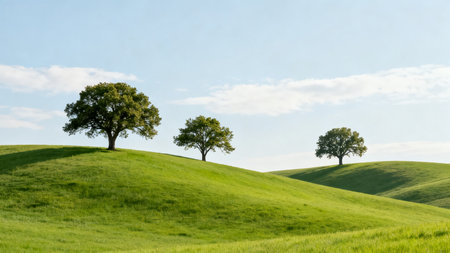 Three trees on the hillside in a sunny day, Tuscany, Italyの素材