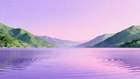 landscape with lake and mountains in the background. 3d renderingの素材