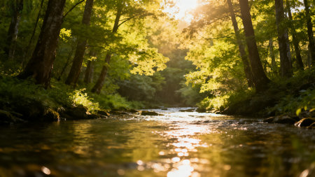 Beautiful sunset over a mountain river in the summer forest. Nature backgroundの素材