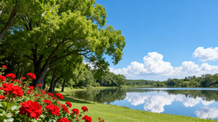 Beautiful summer landscape with lake and red flowers in the park.の素材
