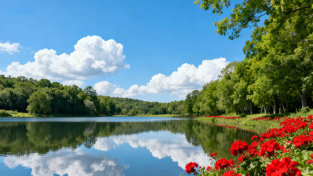 Beautiful spring landscape with lake and red flowers on the shore under blue skyの素材