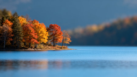 Autumn landscape with lake and colorful trees on blue sky background.の素材