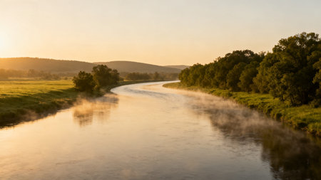 Sunset over the river in the summer, panoramic viewの素材