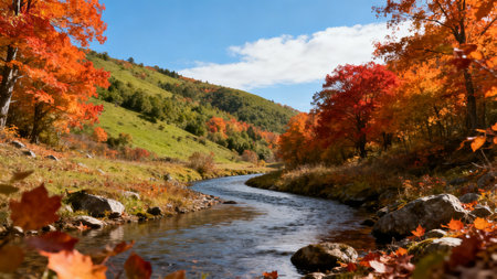 Autumn landscape with a mountain river and colorful trees in the backgroundの素材