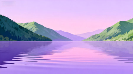 Beautiful mountain lake with reflection in the water. Vector illustration.の素材