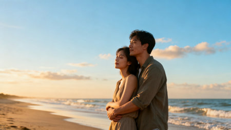 Happy Asian couple hugging on the beach at sunset time. Love and romance concept.の素材