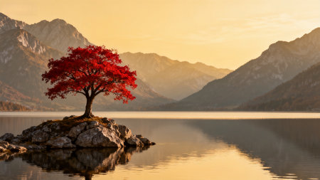 Lonely tree on the shore of a mountain lake at sunsetの素材