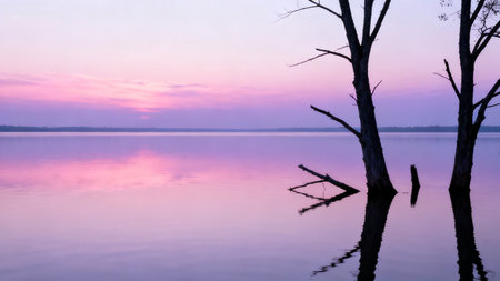 Beautiful sunset on the lake. Silhouettes of trees on the water.の素材