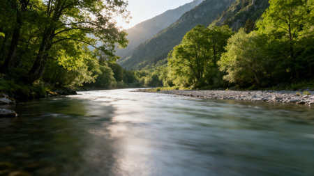 Mountain river with fast flowing water and green trees in the foregroundの素材