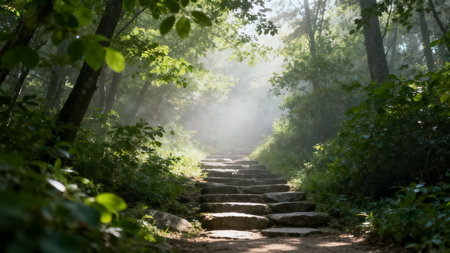 Pathway in the woods in a foggy morning with sun raysの素材