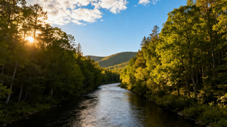 River in the forest at sunset. Beautiful summer landscape in the mountains.の素材