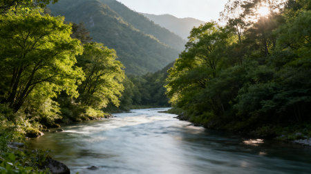 Mountain river in the forest at sunset. Beautiful summer landscape.の素材