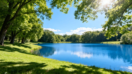 Beautiful lake in the park with green trees and blue sky.の素材