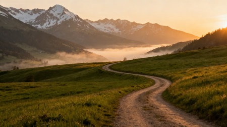 Sunrise in the mountains with fog in the valley and a roadの素材