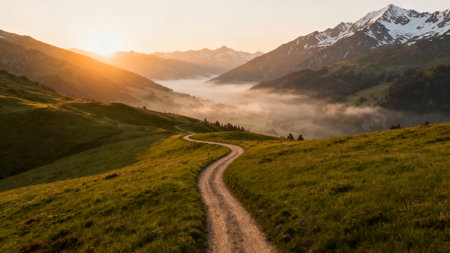 Sunrise in the mountains with fog and a path in the foregroundの素材