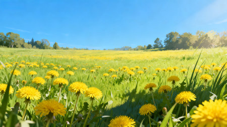 Yellow dandelions on green meadow in sunny day with blue skyの素材