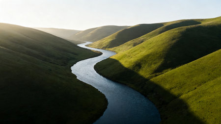 Aerial view of a river in the grassland in the morningの素材