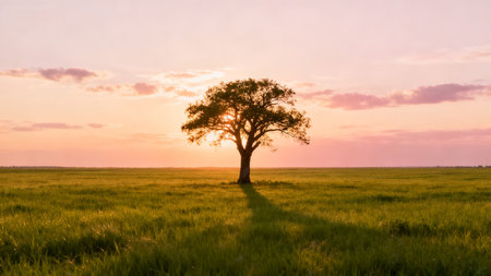 Lonely tree in the field at sunset. Nature concept.の素材