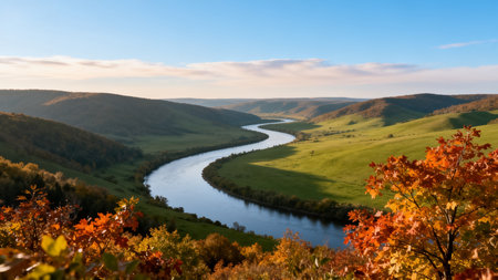 Beautiful autumn landscape with river and mountains. View from the hill.の素材