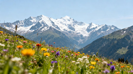 Beautiful alpine meadow with flowers and mountains in the backgroundの素材