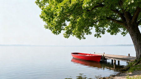 Red boat on the shore of the lake with tree in the backgroundの素材