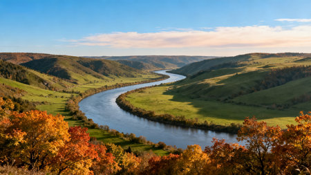 Panoramic view of the river and the valley in autumn.の素材